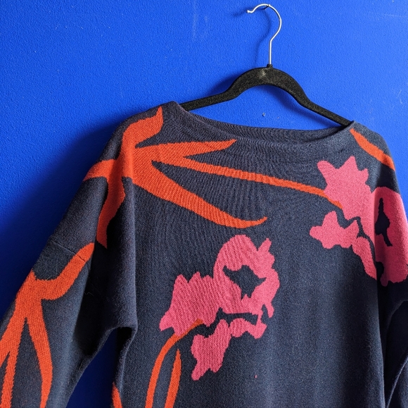 Anthropologie Pink and Red Flower Knit Sweater Mini Dress - Picture 2 of 6